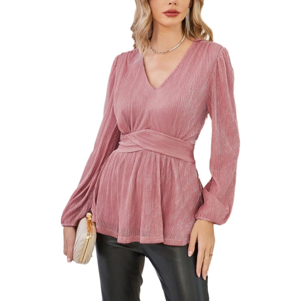 GRACE KARIN Women's Pink Tops V-Neck Waist Pleat Blouse Lantern Long Sleeves